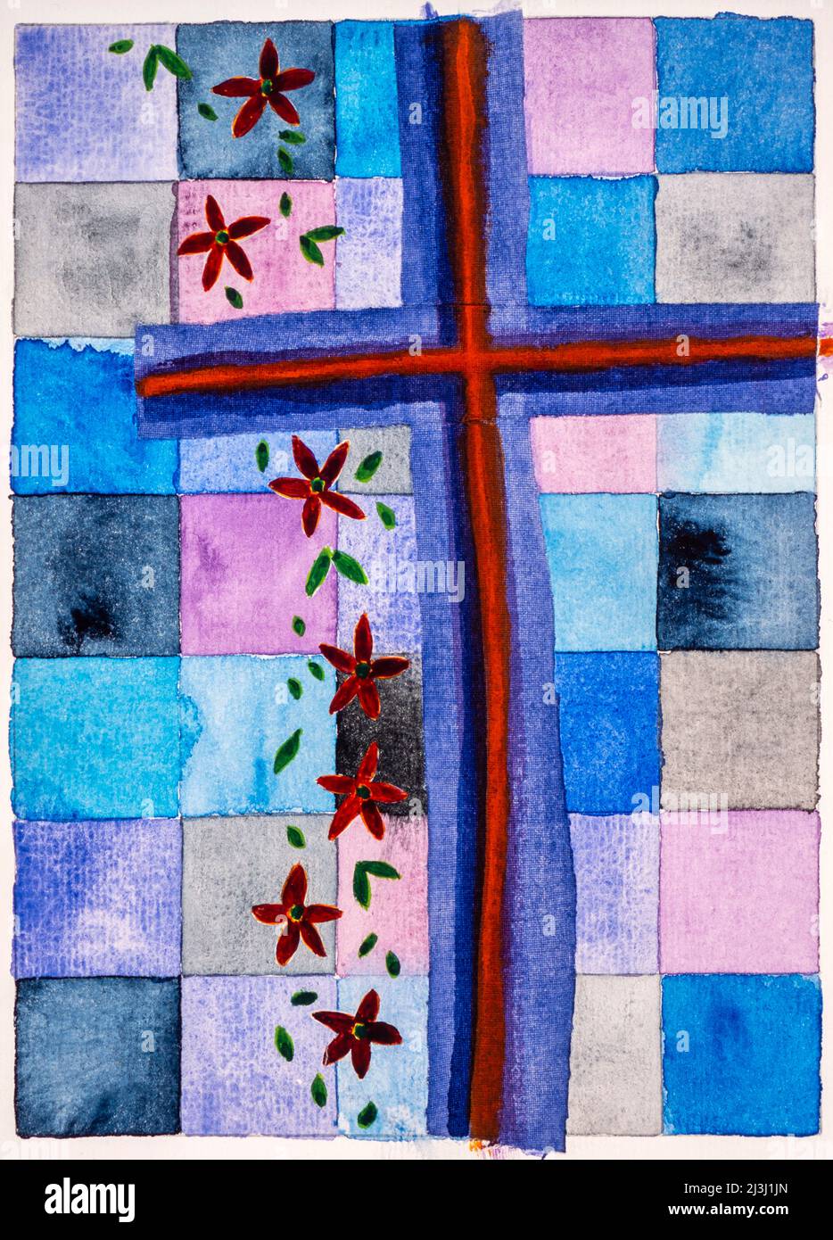 Aquarell von Heidrun Füssenhäuser Blau-Rot dunkles Kreuz, Hintergrund heller. Rote Blumen und grüne Blätter fallen und deuten auf die Vergänglichkeit des Lebens hin. Stockfoto