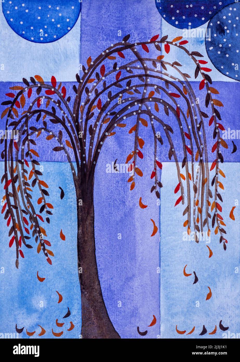 Aquarell von Heidrun Füssenhäuser, Baum mit fallenden Blättern vor einem Kreuz, dunkle Wolken am Himmel Stockfoto