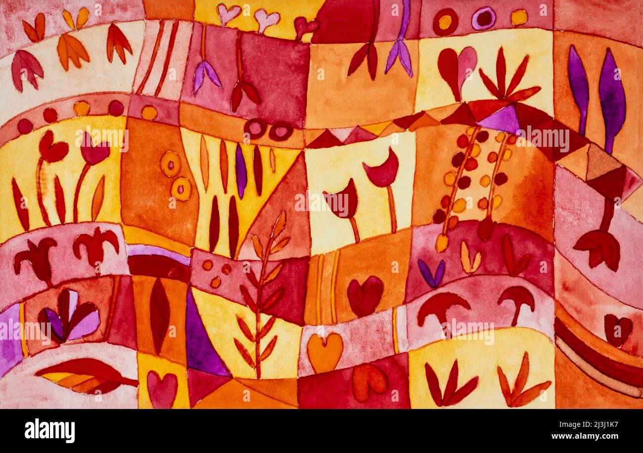 Aquarell von Heidrun Füssenhäuser Blumengarten mit Wegen und Beeten in verschiedenen Rottönen Stockfoto