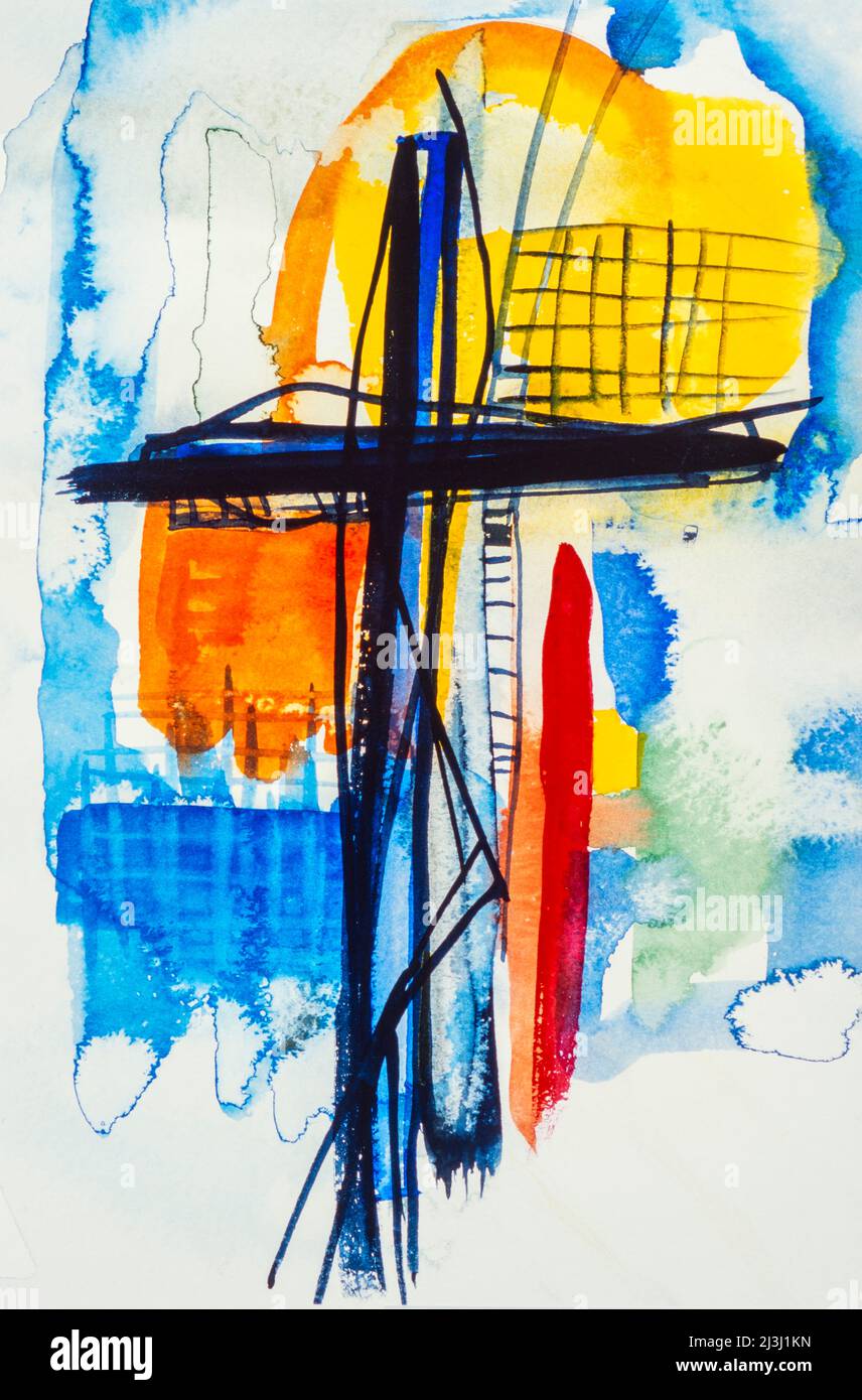 Aquarell von Heidrun Füssenhäuser Schwarzes Kreuz auf farbigem Hintergrund, blau, gelb, orange, schwarz, Stockfoto