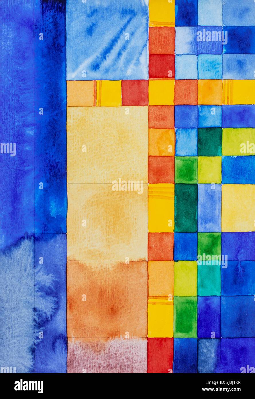 Aquarell von Heidrun Füssenhäuser Gelb-rotes Kreuz auf farbigem Hintergrund, blau, gelb Stockfoto
