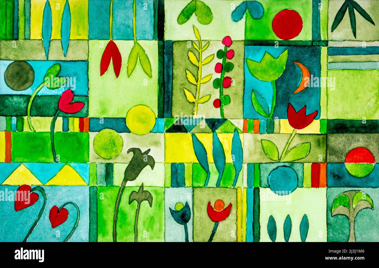 Aquarell von Heidrun Füssenhäuser Blumengarten mit Wegen und Beeten in verschiedenen Grüntönen Stockfoto