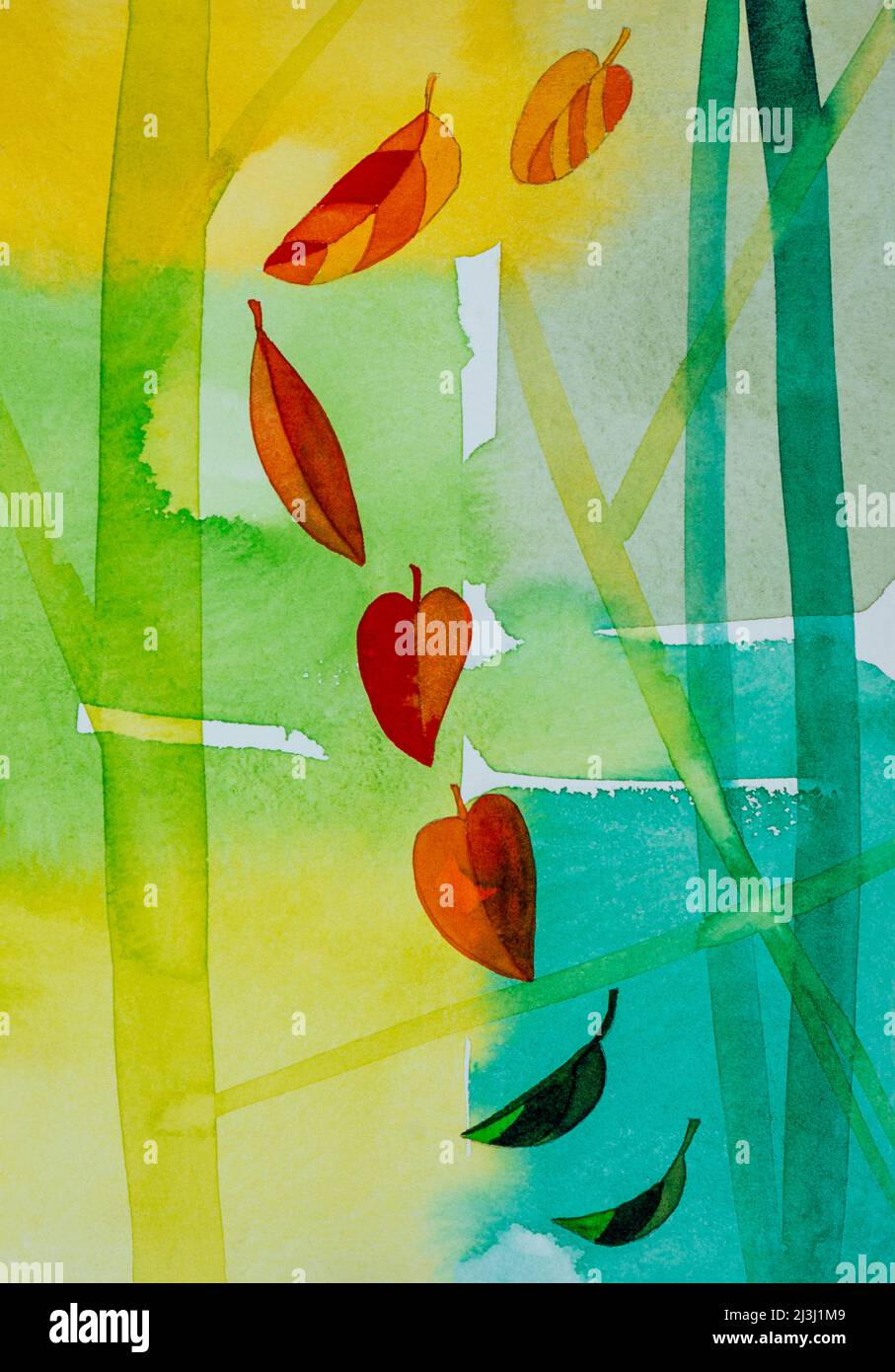 Aquarell von Heidrun Füssenhäuser, heller hoffnungsvoller Hintergrund. Rote Blätter fallen und weisen auf den Herbst des Lebens hin. Stockfoto