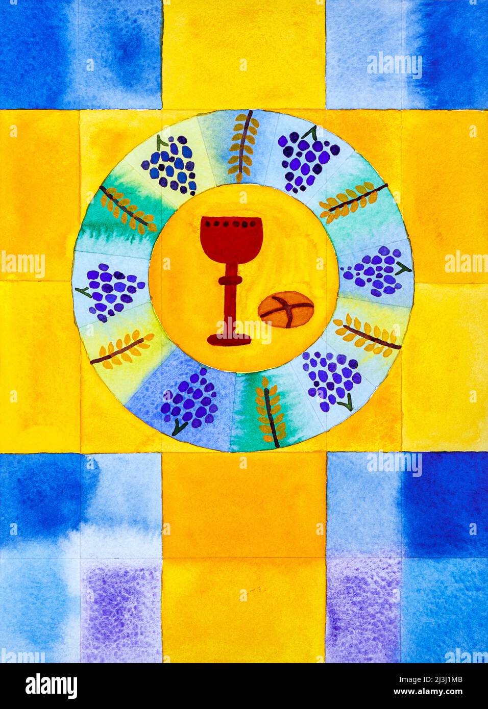 Aquarell von Heidrun Füssenhäuser Kommunion, Eucharistie, Kommunion, Konfirmation, roter Kelch, Brot, Ähren von Mais, Trauben, gelbes Kreuz das tut in Erinnerung an mich ... Stockfoto