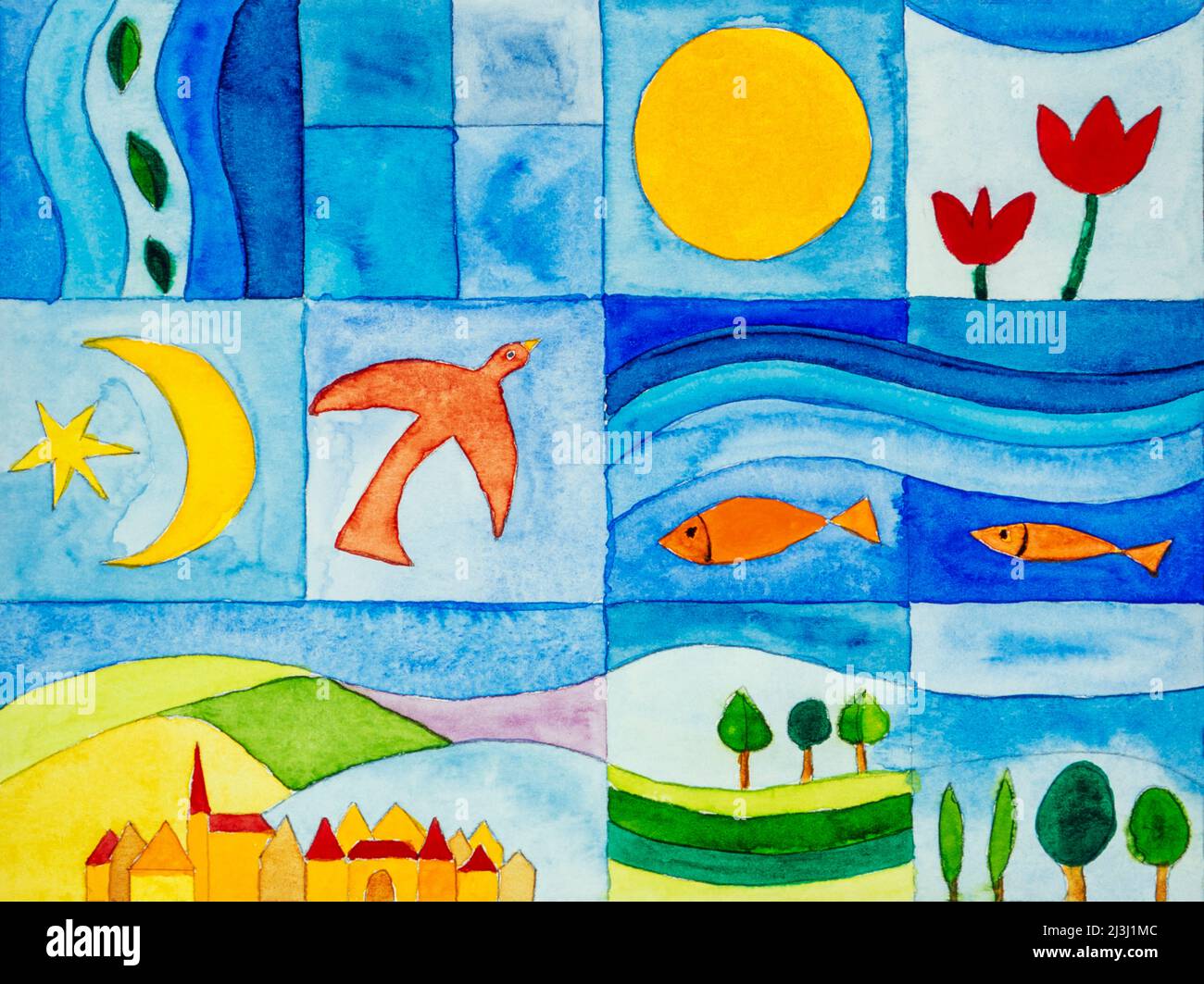 Aquarell von Heidrun Füssenhäuser Landschaft, Sonne, Mond, Fluss, Wasser, Felder, Vogel, Fisch, Stadt, Bäume, Blumen, Tulpe, Frühlingslandschaft Stockfoto