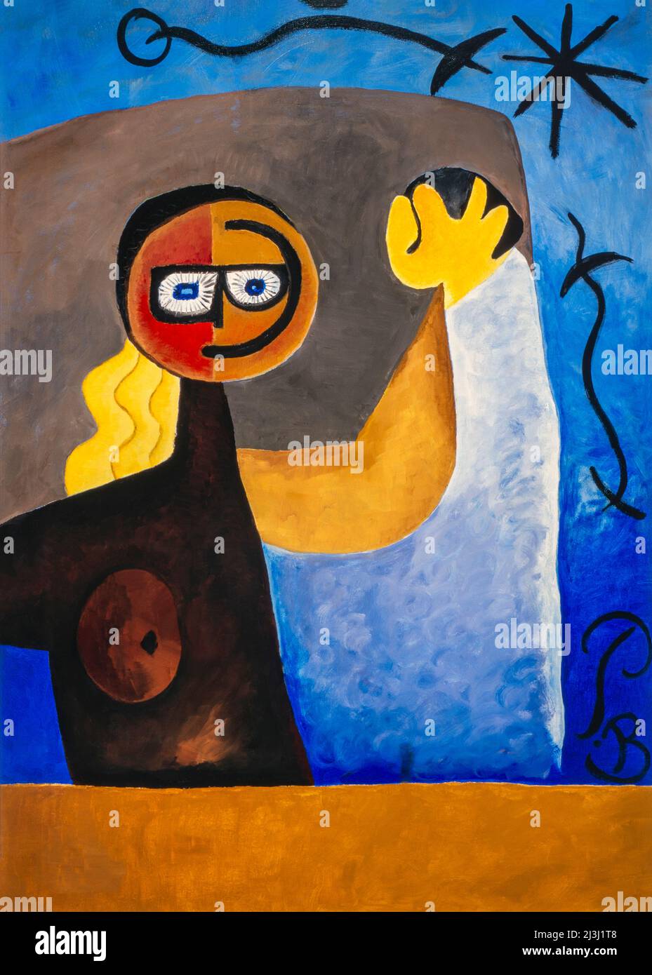 Gemälde von Pia Bühler, Öl auf Leinwand Eine girlige Halbfigur mit neidischer gelber Hand, dunklem traurigem Herzen und unbeweglichem Gesichtsausdruck hebt zum Abschied ihren Arm und hinterlässt eine helle Spur von Erinnerung Stockfoto