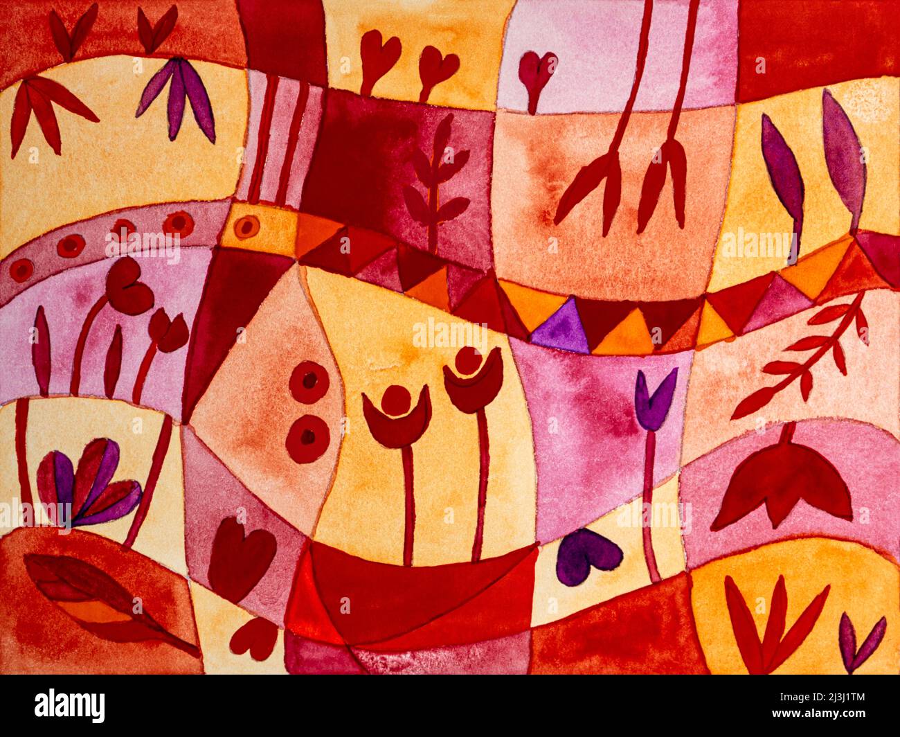 Aquarell von Heidrun Füssenhäuser Blumengarten mit Wegen und Beeten in verschiedenen Rottönen Stockfoto