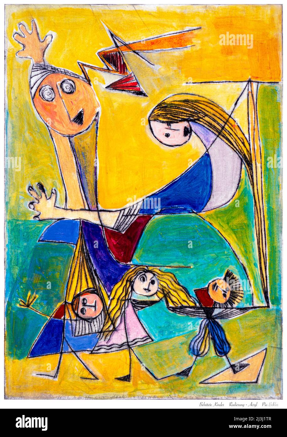 Gemälde von Pia Bühler, Radierung, Acryl Vater und Mutter schützen ihre Kinder. Sie spielen und verbringen unbeschwerte Zeit miteinander. Stockfoto