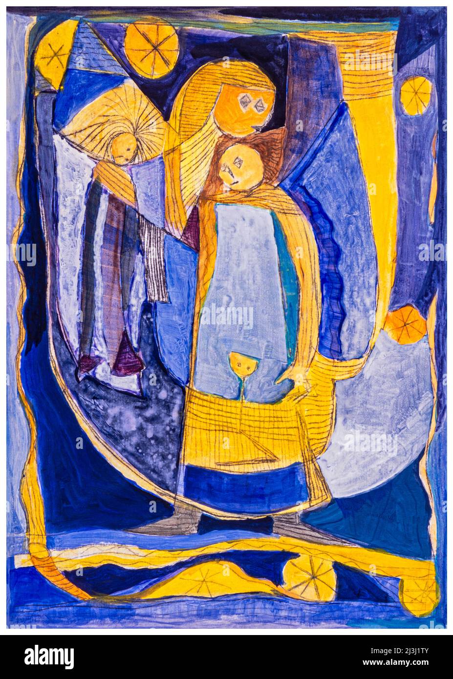 Gemälde von Pia Bühler, Radierung, Acryl Engel des Friedens in Blau und Gelb Koordinatoren, Schiedsrichter, Meinungsführer und Vermittler sind die "Engel des Friedens" in der Gesellschaft und in der Arbeitswelt Stockfoto