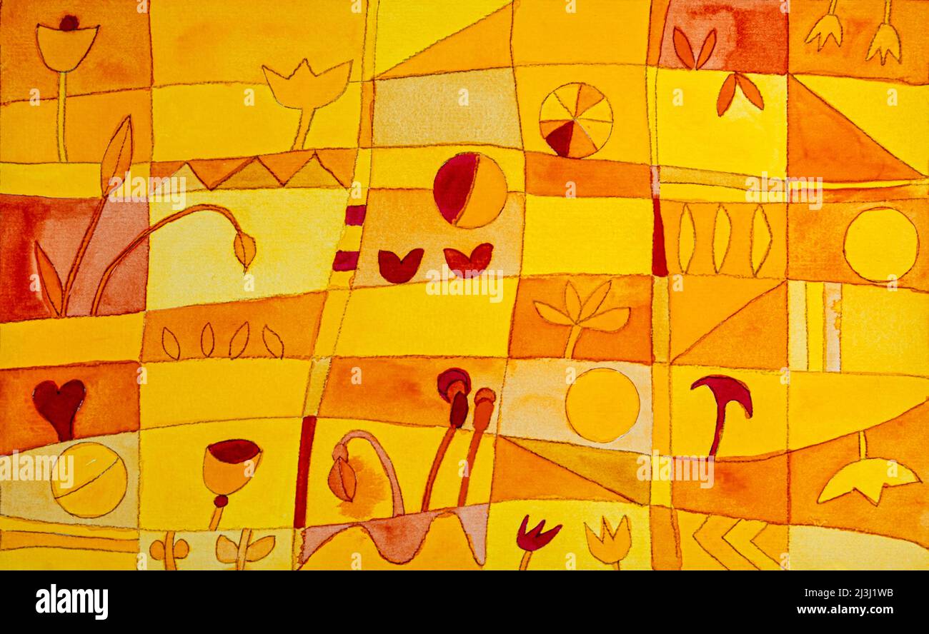 Aquarell von Heidrun Füssenhäuser Blumengarten mit Wegen und Beeten in verschiedenen Gelbtönen Stockfoto