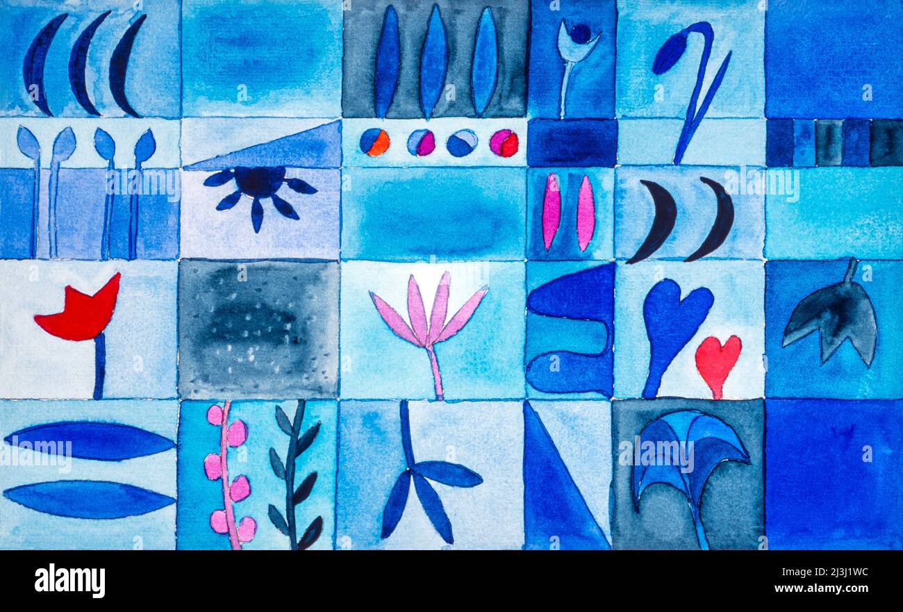 Aquarell von Heidrun Füssenhäuser Blumengarten mit Wegen und Beeten in verschiedenen Blautönen Stockfoto