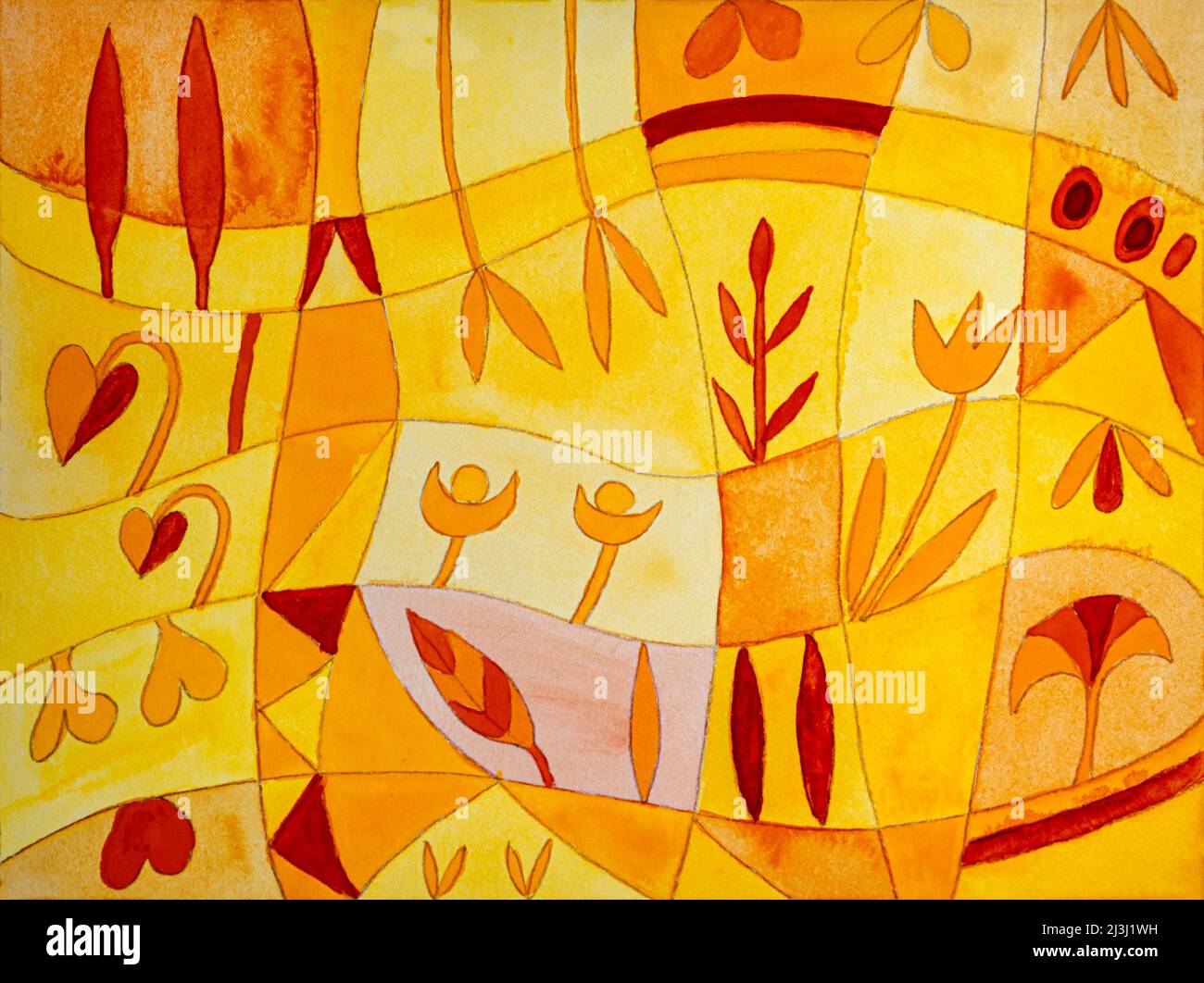 Aquarell von Heidrun Füssenhäuser Blumengarten mit Wegen und Beeten in verschiedenen Gelbtönen Stockfoto