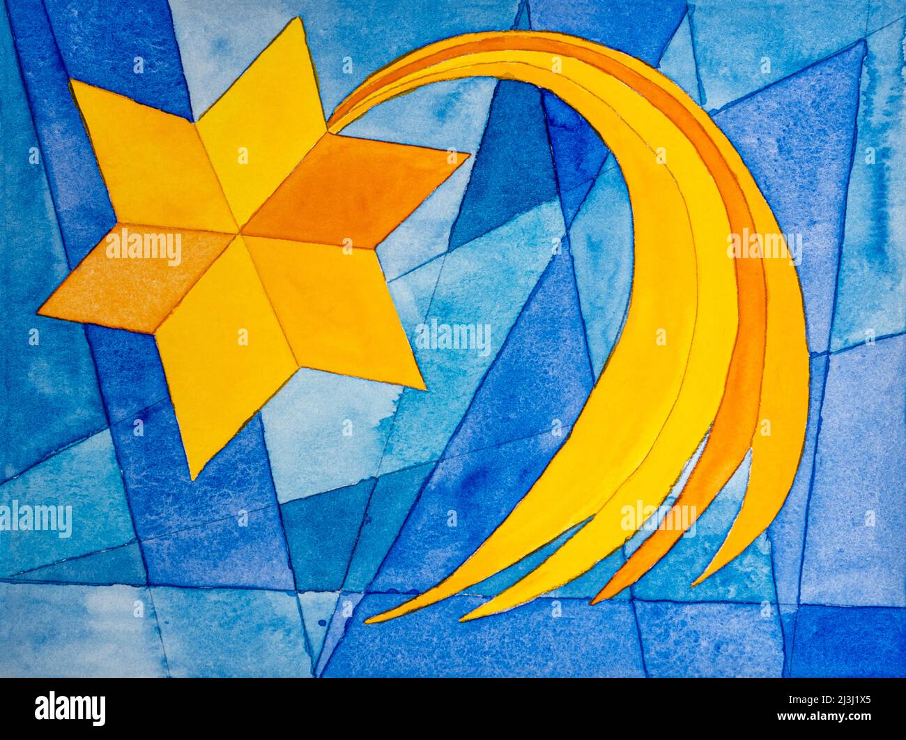 Aquarell von Heidrun Füssenhäuser Schwanzstern, Weihnachtsstern, gelber Stern, blauer Himmel Stockfoto
