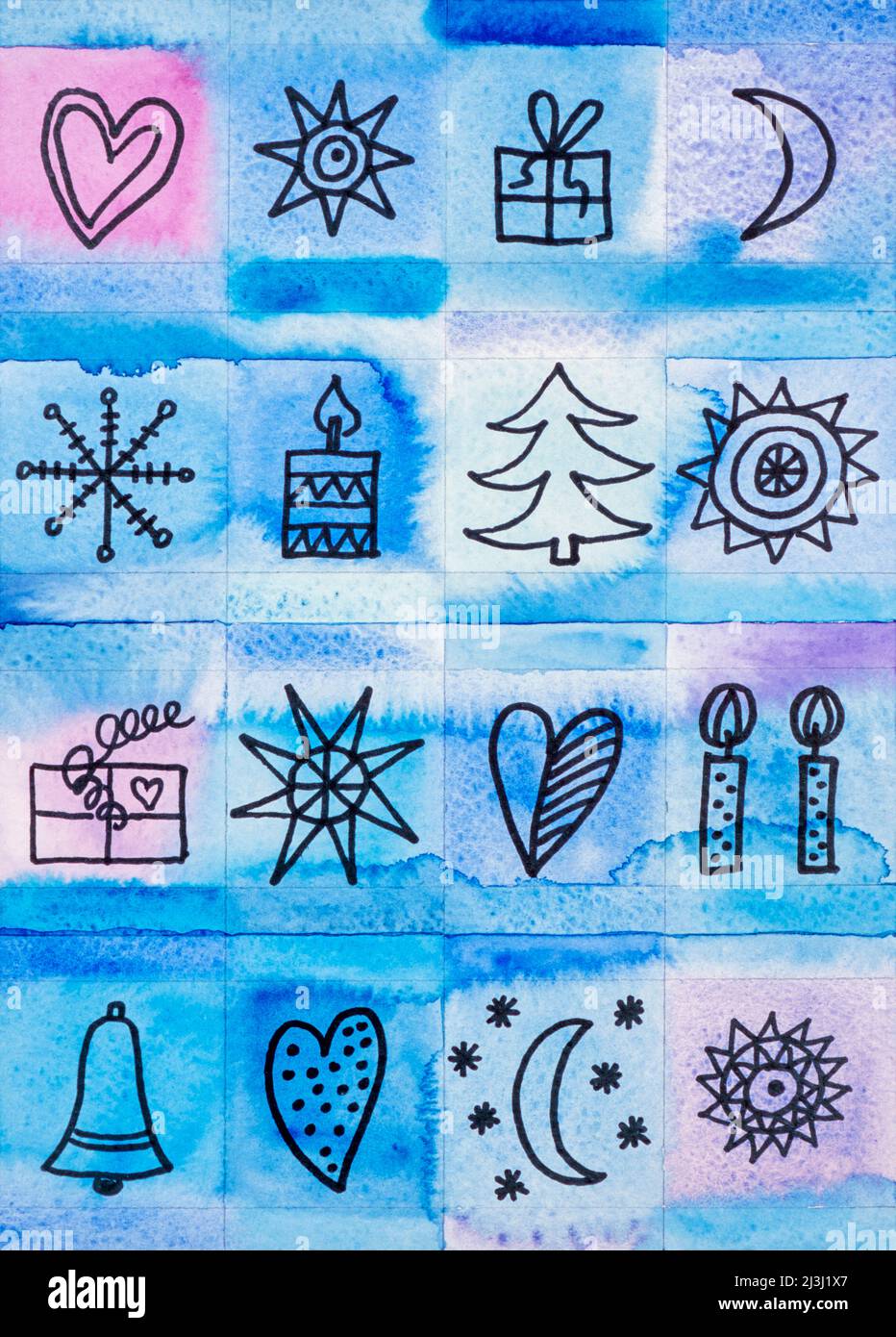 Aquarell von Heidrun Füssenhäuser Sterne, Herz, Geschenk, Weihnachtsfenster, Winter, Eis, Blautöne Stockfoto