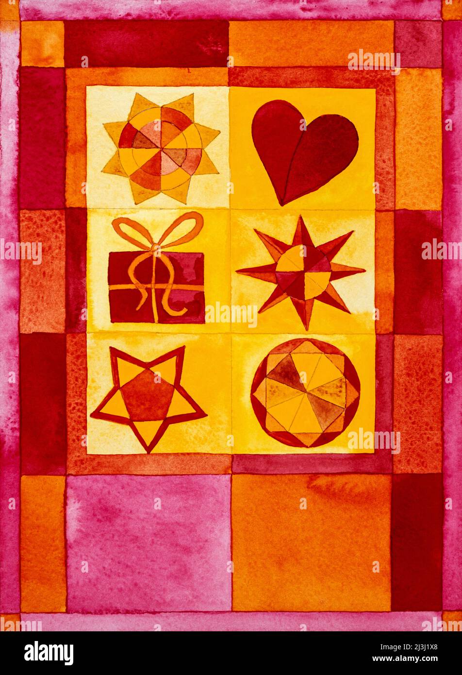 Aquarell von Heidrun Füssenhäuser Sterne, rotes Herz, Geschenk, Weihnachtsfenster, rote Töne, Gelbe Töne, gelb, rot Stockfoto