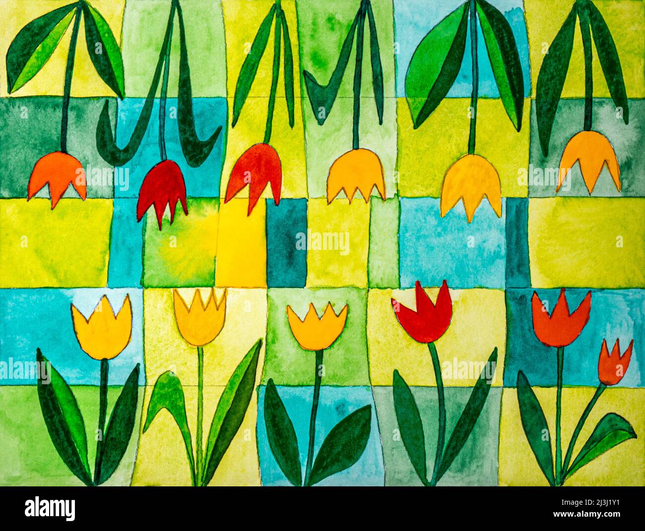 Aquarell von Heidrun Füssenhäuser Blumengarten mit Beeten in verschiedenen Grün- und Gelbtönen sowie rot-gelben Tulpen Stockfoto