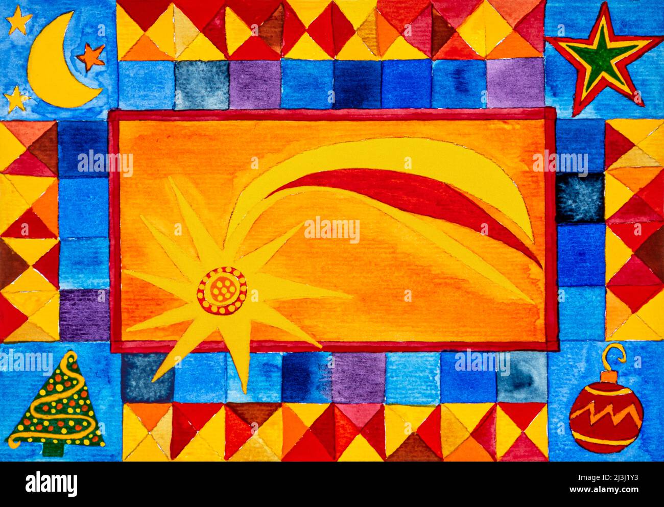 Aquarell von Heidrun Füssenhäuser Schwanzstern, Weihnachtsstern, gelber Stern, blaue Felder, Mond, Kleine Sterne, geschmückter Weihnachtsbaum Weihnachtsbaum, Weihnachtsbaumkugel Stockfoto