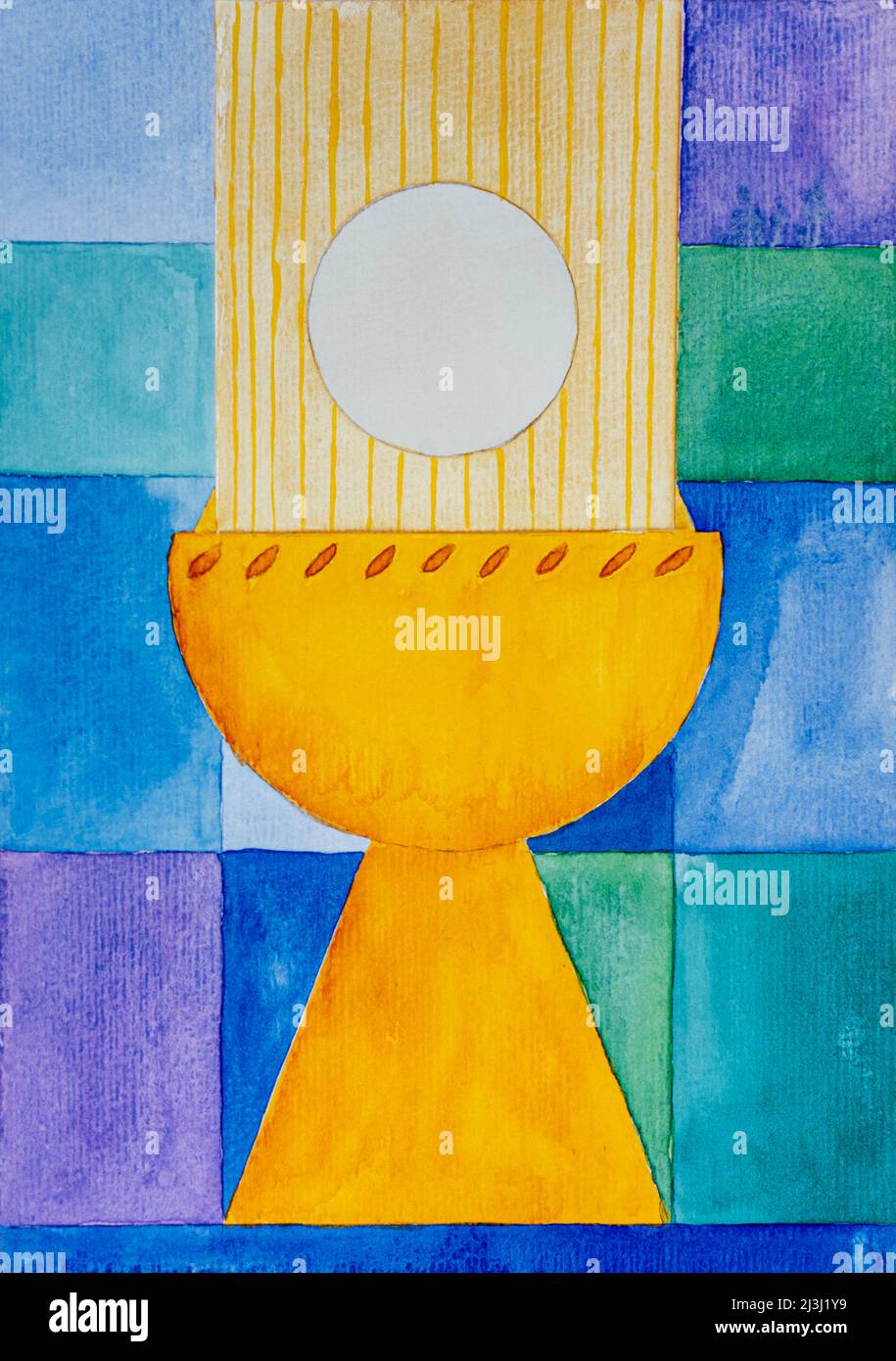 Aquarell von Heidrun Füssenhäuser Kommunion, Eucharistie, Kommunion, Konfirmation, gelber Kelch, Wirt, gelb, weiß, blau das tut meinem Gedächtnis ... Stockfoto