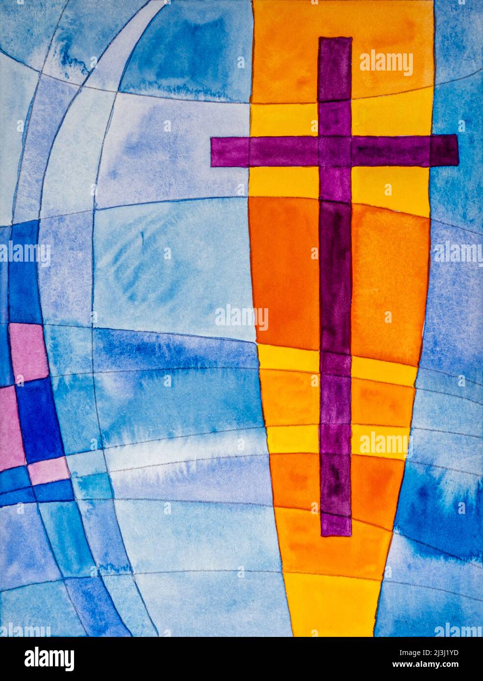 Aquarell von Heidrun Füssenhäuser Purpurkreuz mit orange-gelbem Hintergrund, auf blauen Feldern, blau, lila, Farbe der Bußzeiten Stockfoto