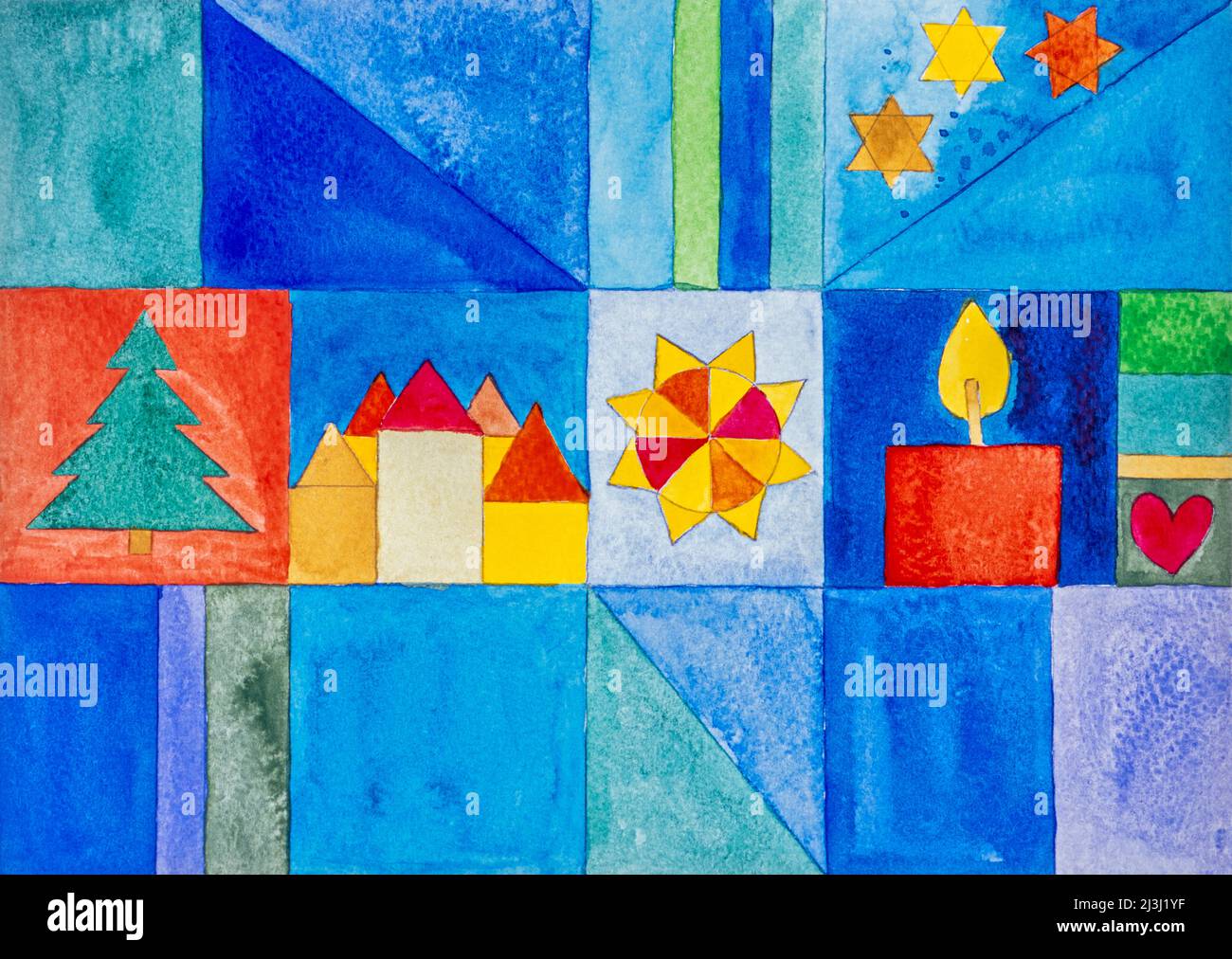 Aquarell von Heidrun Füssenhäuser Sterne, Baum, Weihnachtsbaum, Tanne, blauer Himmel, Häuser, Stadt, Felder, brennende Kerze, gelb, Blau, grün Stockfoto