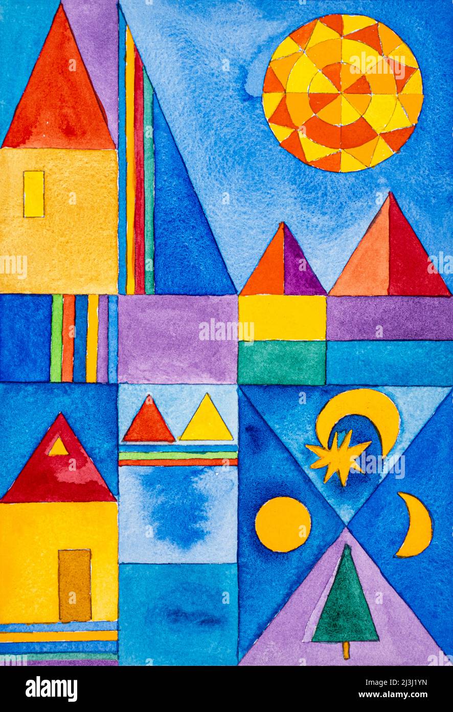 Aquarell von Heidrun Füssenhäuser Sonne, Stern, Mond, Baum, Tanne, Blauer Himmel, Häuser, Stadt, Felder, gelb, Blau, rot Stockfoto