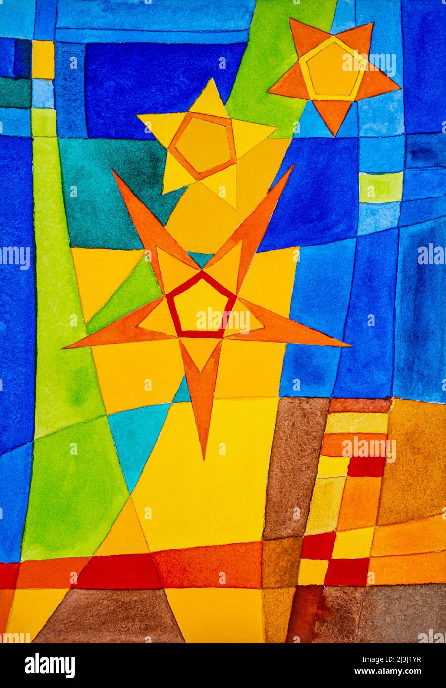 Aquarell von Heidrun Füssenhäuser ein großer Stern, zwei kleine Sterne, blauer Himmel Stockfoto