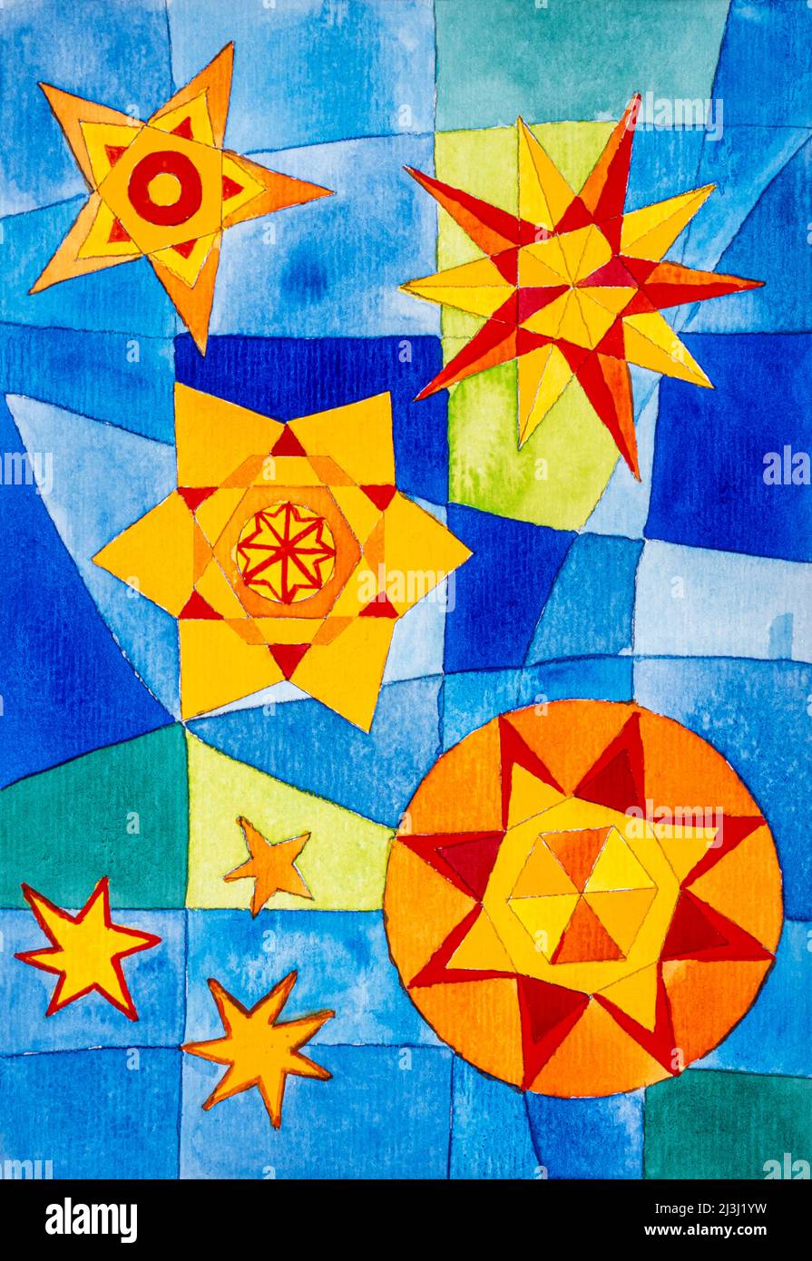 Aquarell von Heidrun Füssenhäuser vier große Sterne, blauer Himmel, drei kleine Sterne Stockfoto