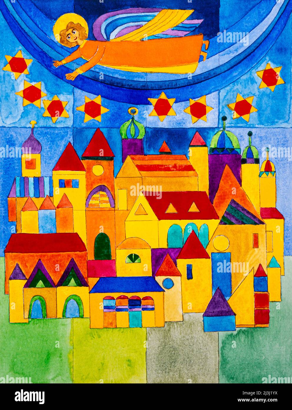 Aquarell von Heidrun Füssenhäuser Engel fliegt über die Stadt, acht Sterne leuchten rot, blauer Himmel, bunte Häuser, gelb, blau, Rot Stockfoto