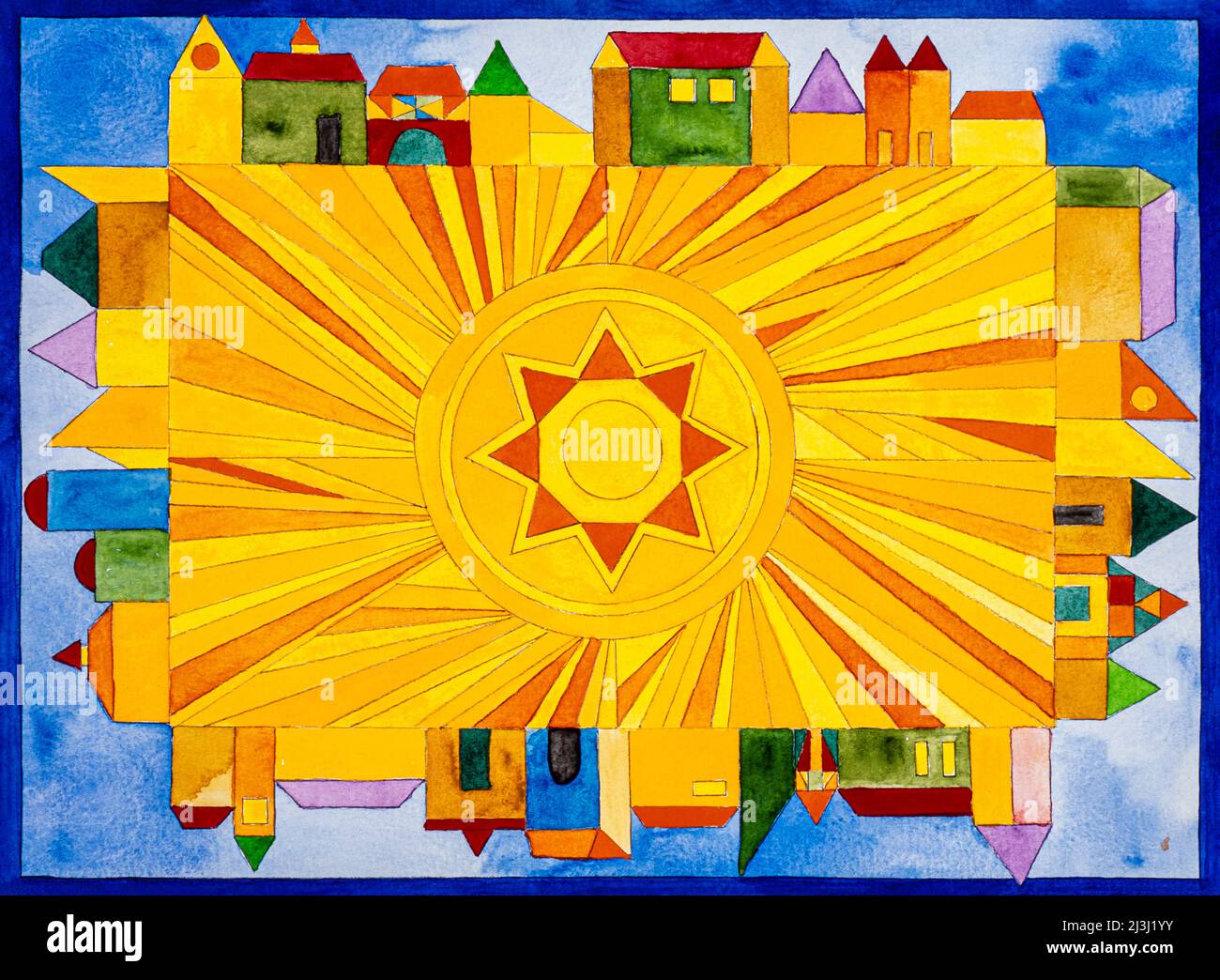 Aquarell von Heidrun Füssenhäuser Sonne, Sonnenstrahlen, blauer Himmel, bunte Häuser, Stadt, Gelb, blau, rot Stockfoto