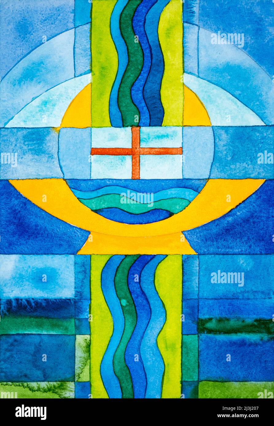Aquarell von Heidrun Füssenhäuser Taufe, gelbe Schale, Wasser, Kreuz, gelb, Blau, grün Stockfoto