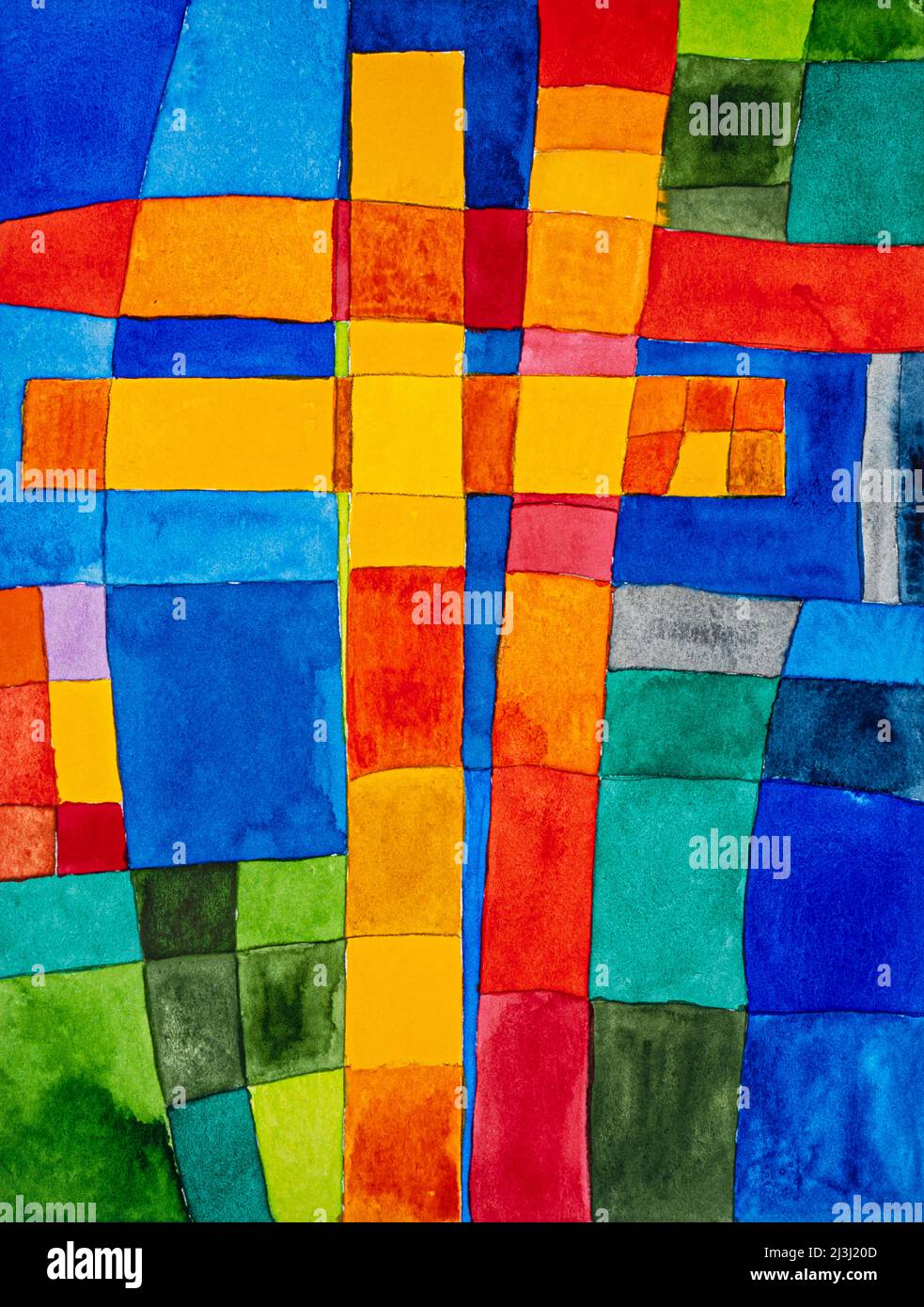 Aquarell von Heidrun Füssenhäuser zwei helle Kreuze in buntem Mosaik Stockfoto