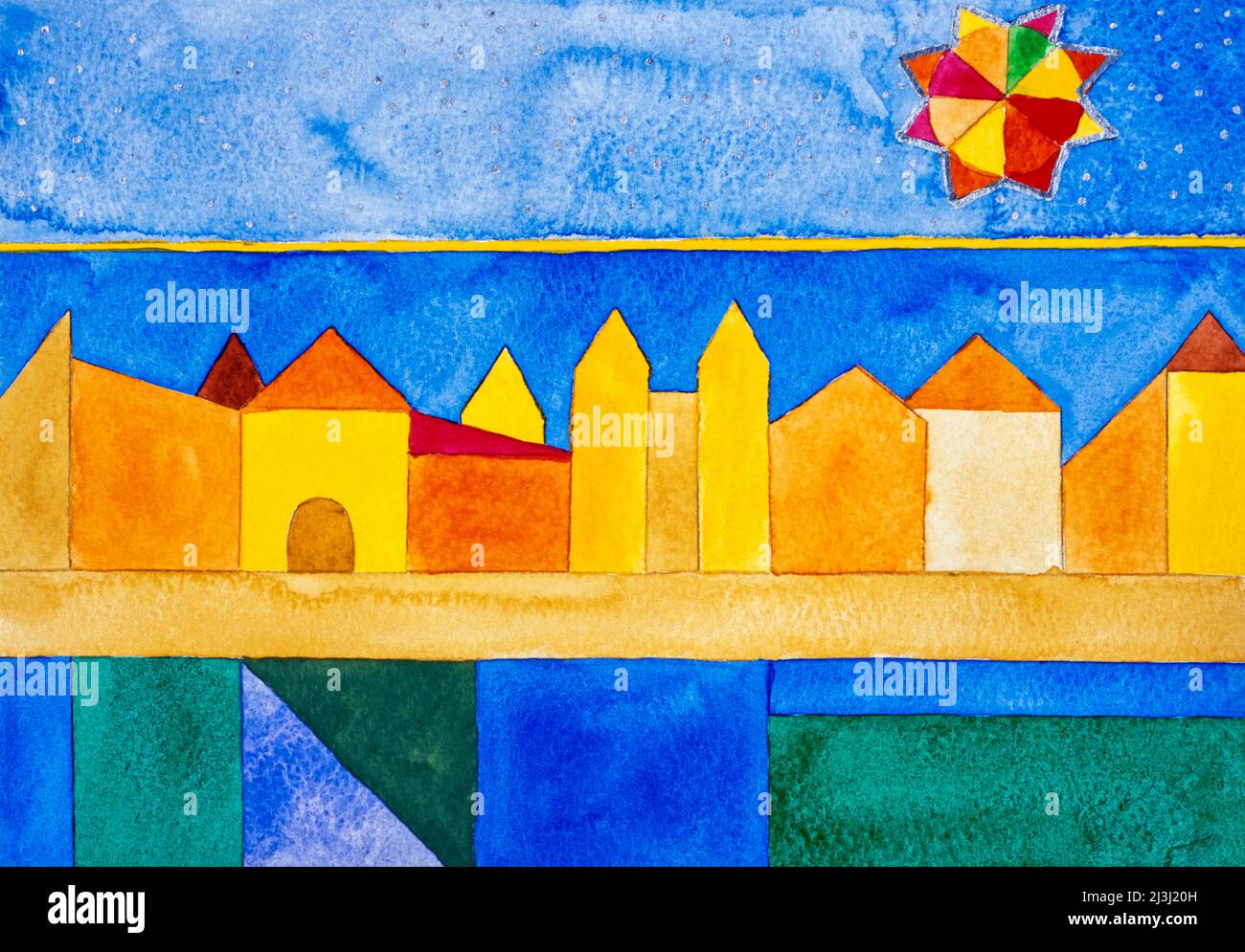Aquarell von Heidrun Füssenhäuser Stern, blauer Himmel, gelbe Häuser, rote Dächer, Stadt, Felder, gelb, blau, grün Stockfoto