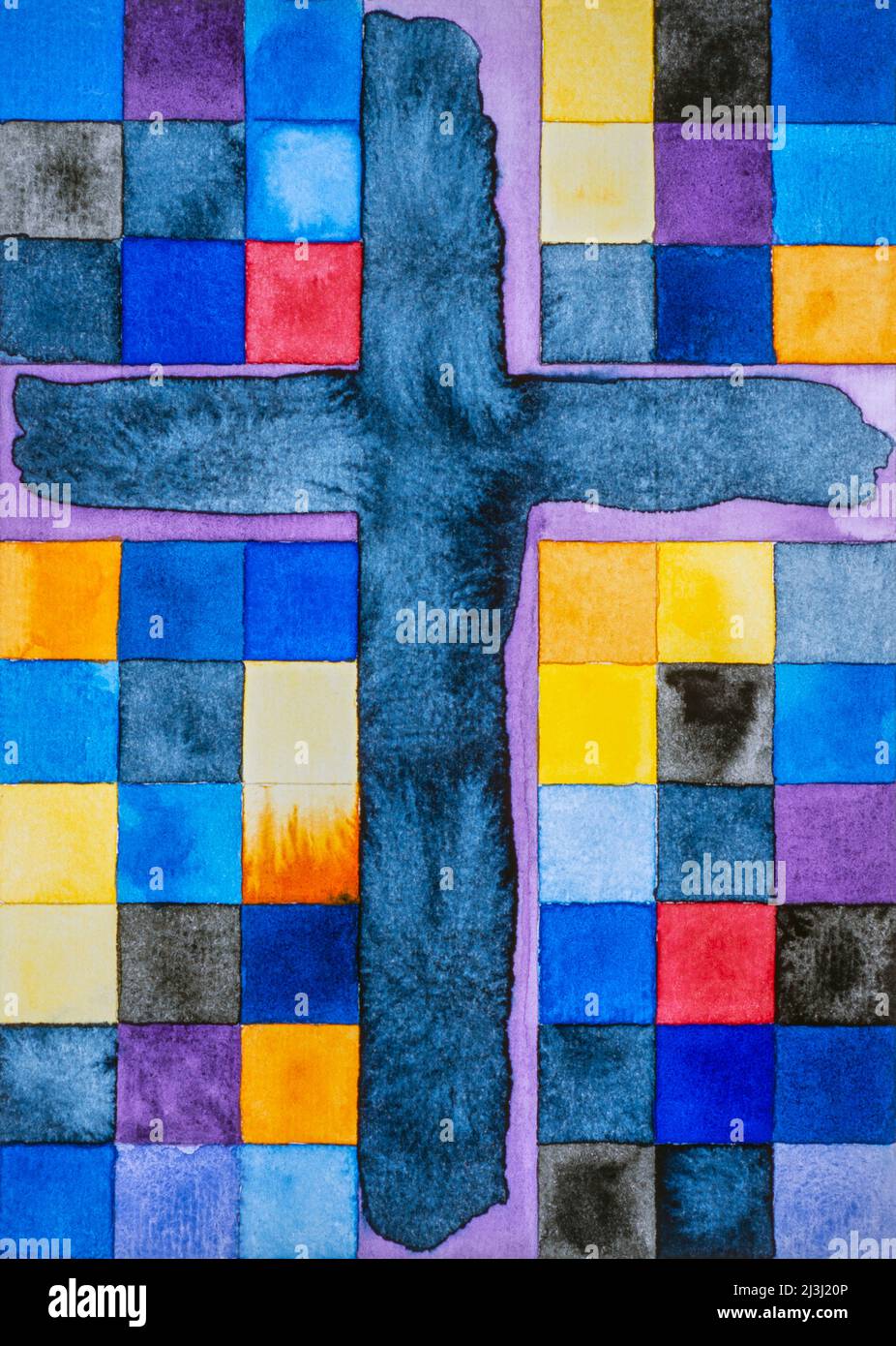 Aquarell von Heidrun Füssenhäuser Schwarzes Kreuz mit buntem Mosaik, schwarz und lila sind die Farben der Bußzeit Stockfoto