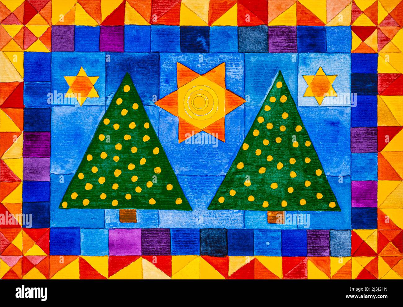 Aquarell von Heidrun Füssenhäuser zwei Weihnachtsbäume und drei Sterne in blauem Feld mit roter und gelber Umrandung Stockfoto