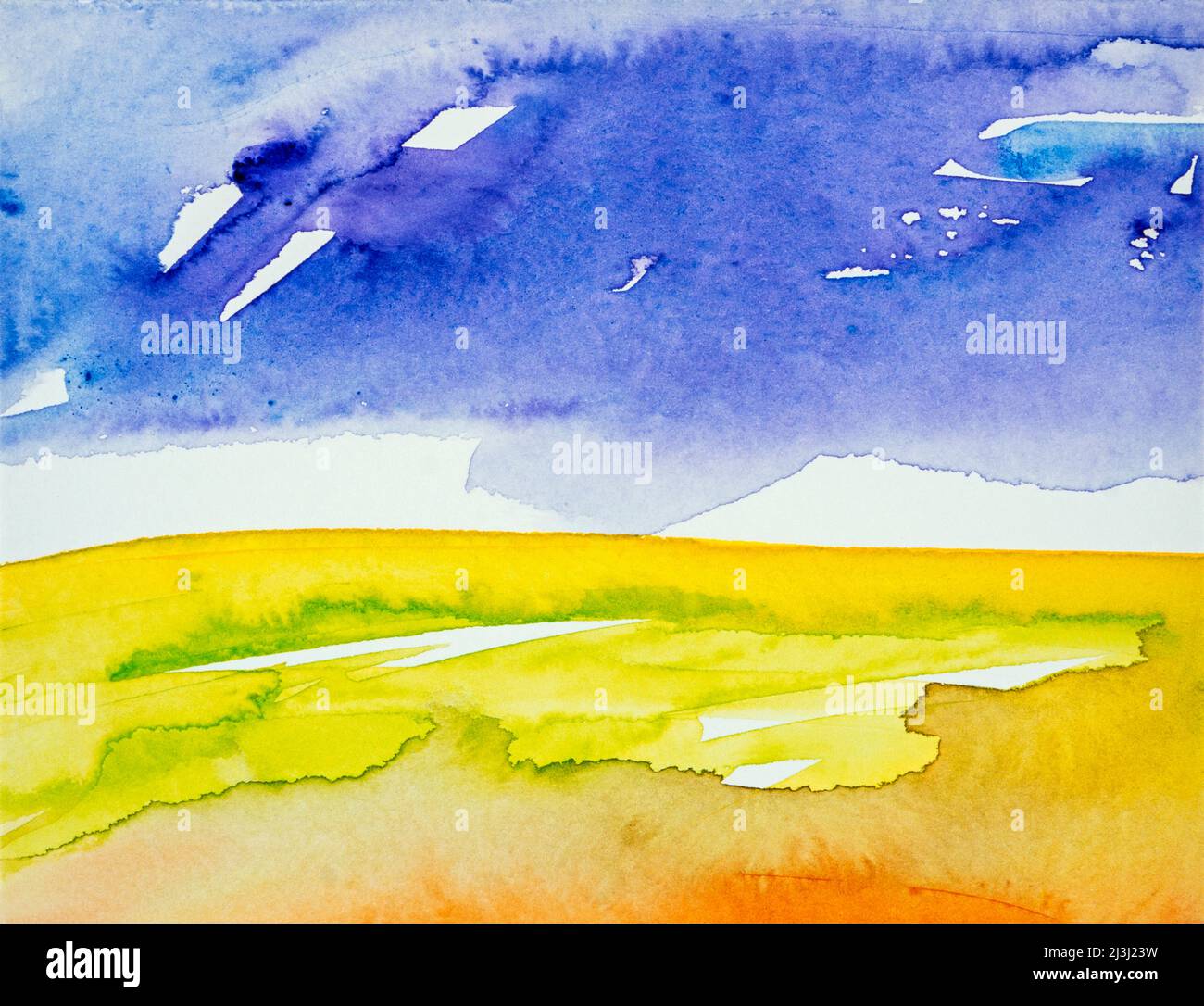 Aquarell von Heidrun Füssenhäuser Frühlingslandschaft, Frühling, Landschaft, frische Farben, hell, Zart, frisch, gelb, Konstruktion Stockfoto