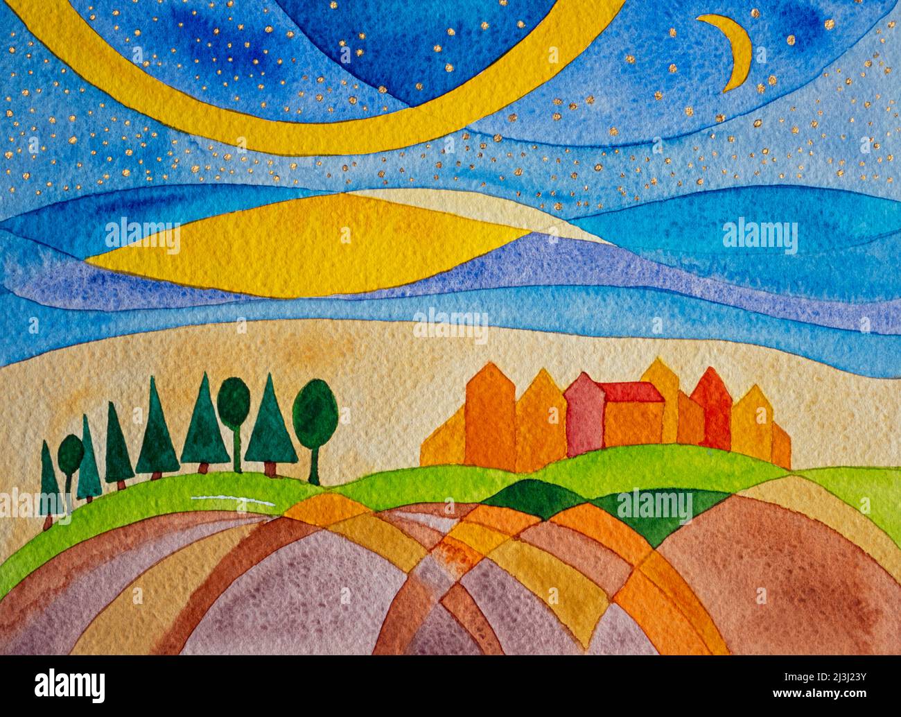 Aquarell von Heidrun Füssenhäuser leuchten am blauen Himmel, Baum, Bäume, Stadt, Felder, Gelb, blau, Sterne am Himmel als goldene Punkte. Stockfoto