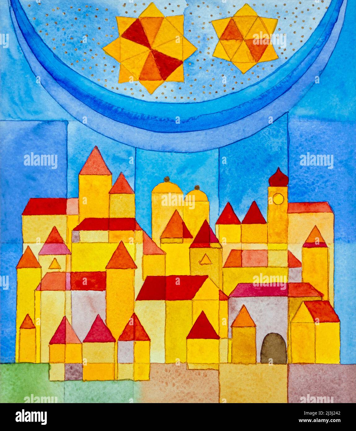 Aquarell von Heidrun Füssenhäuser Gelbe Stadt, rote Dächer, Sternenhimmel Stockfoto