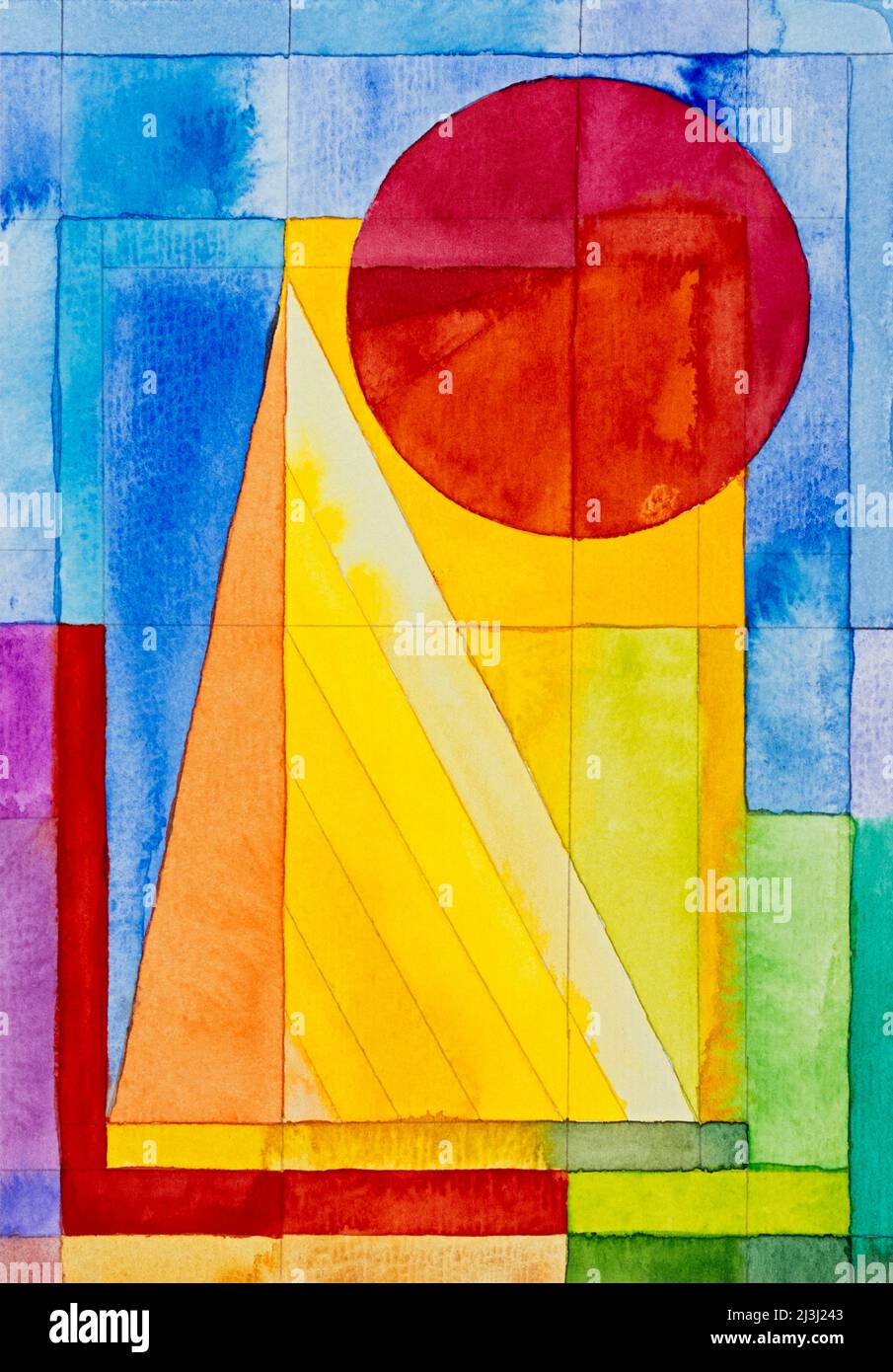 Aquarell von Heidrun Füssenhäuser Rote Abendsonne, warmes Licht, geometrisch, Winkel, Kreis, Dreieck Stockfoto