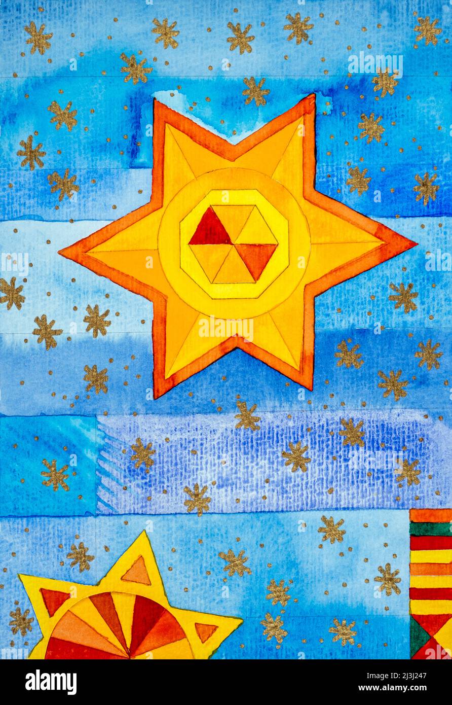 Aquarell von Heidrun Füssenhäuser Ein großer Stern, blauer Himmel mit goldenen Sternen Stockfoto
