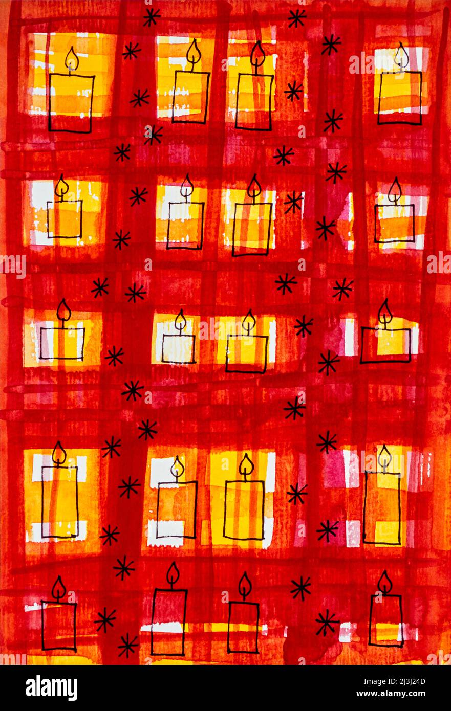 Aquarell von Heidrun Füssenhäuser 20 brennende Kerzen und viele kleine Sterne auf rot-gelbem Muster, kariert, abstrakt Stockfoto