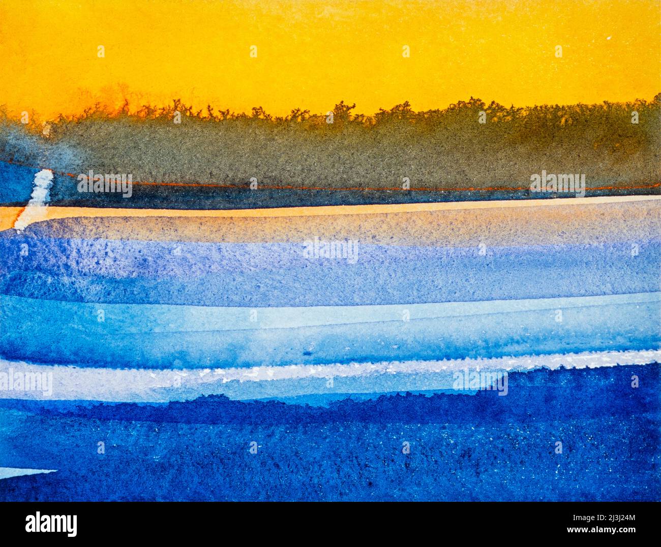 Aquarell von Heidrun Füssenhäuser Winterlandschaft, Winter, Landschaft, Sonnenuntergang, Sonne, Wärme, Büsche, Sträucher, Kälte, Schnee, Eis, hell und dunkel, gelb, Gebäude, Saison Stockfoto