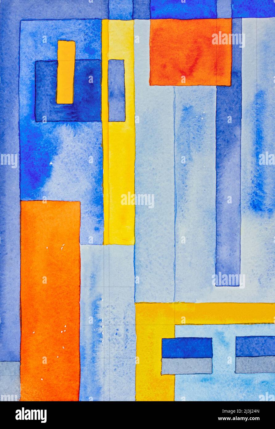 Aquarell von Heidrun Füssenhäuser Glasfenster, Fenster, hell, dunkel, blau, Orange, Gelb Stockfoto