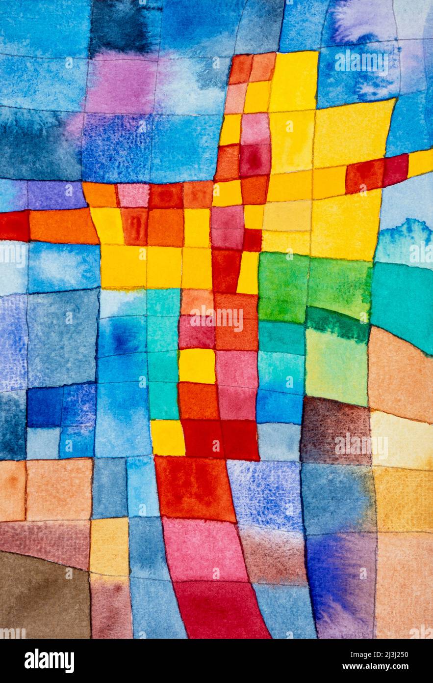 Aquarell von Heidrun Füssenhäuser Mosaik, rot-gelbes Kreuz Stockfoto