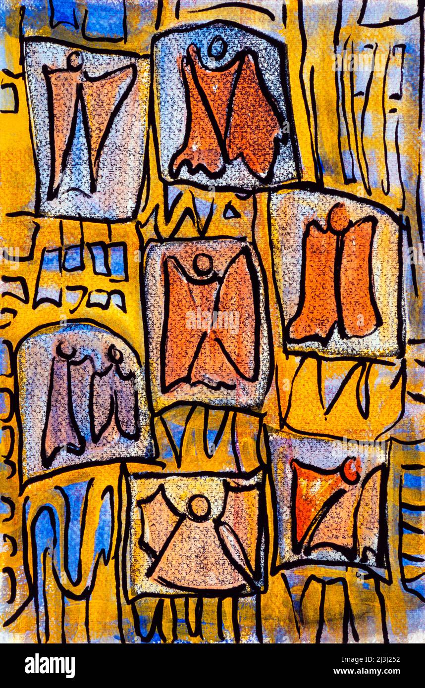 Grafikdruck von Gisela Oberst Seven Angels, abstrakt, orange, gelb, blau, Engelsfigur, Engelsdarstellung, geflügelte, mystische, himmlische Wesen Stockfoto