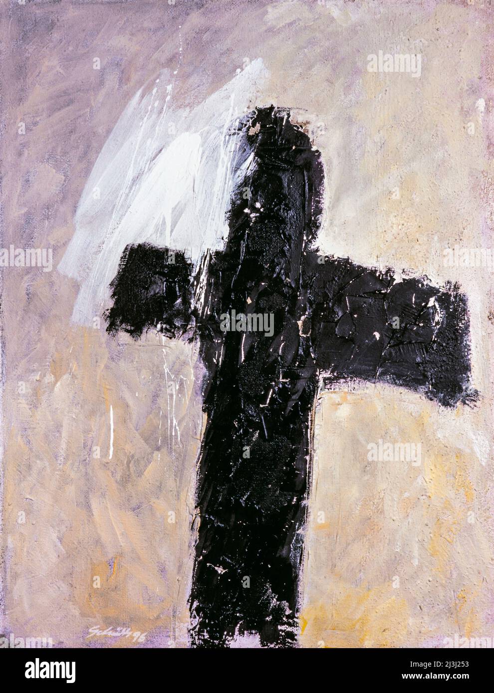 Gemälde von Peter Schütte, Schwarzes Kreuz auf violettem lichtdurchlässigem Hintergrund Stockfoto