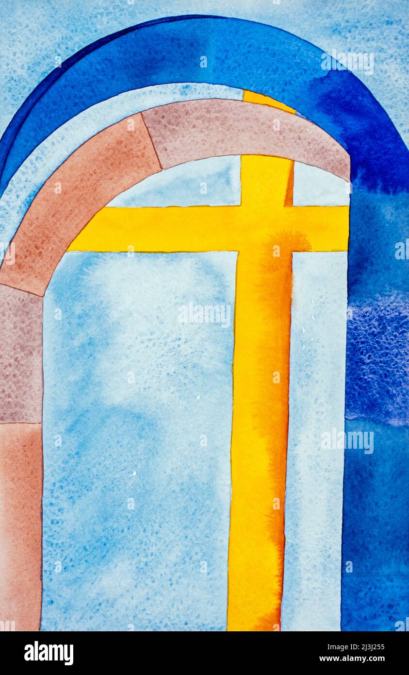 Aquarell von Heidrun Füssenhäuser Kreuzgang, Torbogen, Durchgang, Übergang von dunkel zu hell, gelbes Kreuz Stockfoto