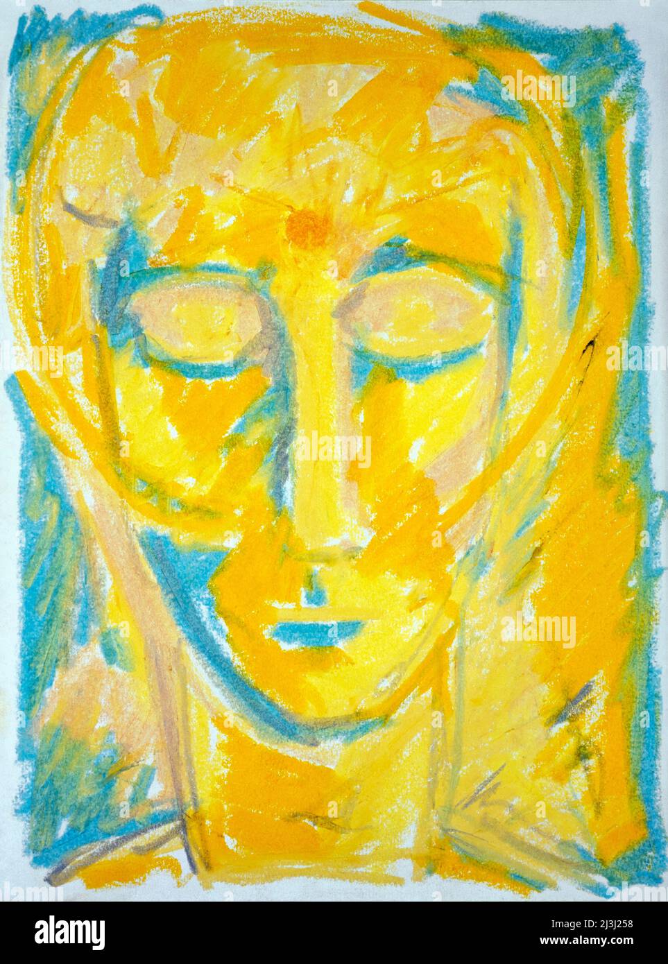Gemälde von Peter Schütte, Porträt, Gesicht, geschlossene Augen, Schlaf, Träume, abstrakt, gelb Stockfoto