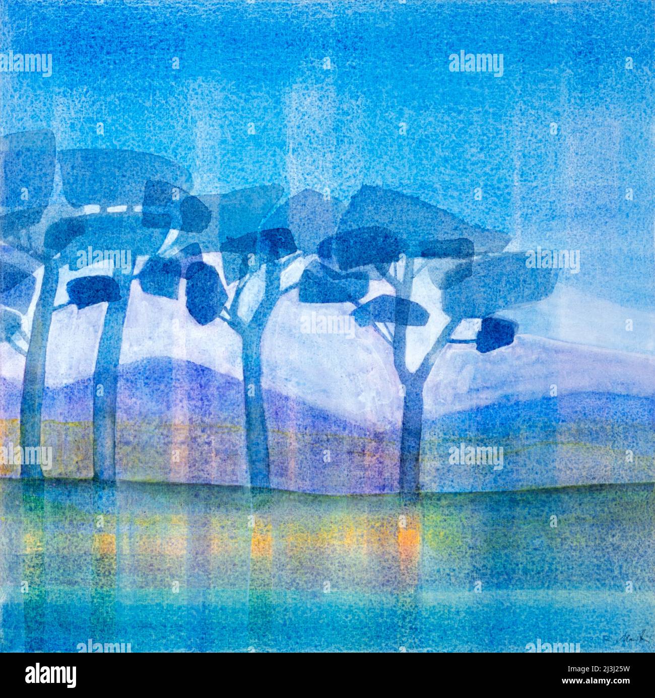 Gemälde von Regine Martin, Acryl auf Leinwand hügelige Landschaft mit Pinien in der Toskana Stockfoto