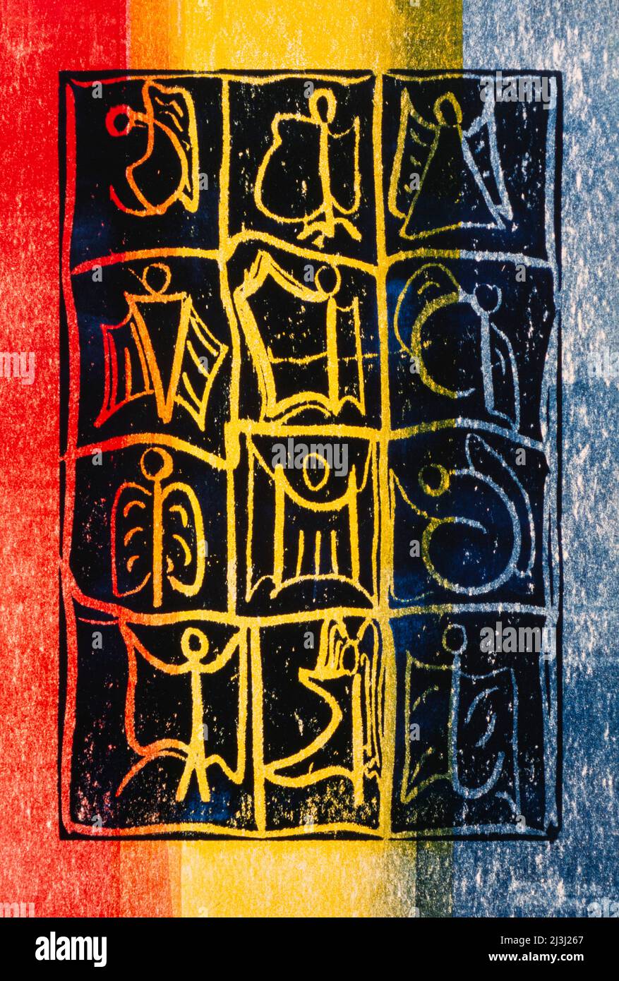 Grafikdruck von Gisela Oberst Twelve Angels, abstrakt, rot, gelb, blau, Engelsfigur, Engelsdarstellung, geflügelte, mystische, himmlische Wesen Stockfoto
