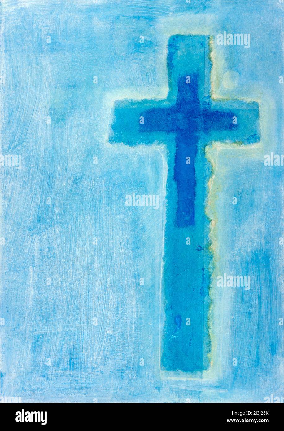 Gemälde von Regine Martin, blaues Kreuz auf blauem Hintergrund mit hellem Glanz auf der rechten Seite Stockfoto